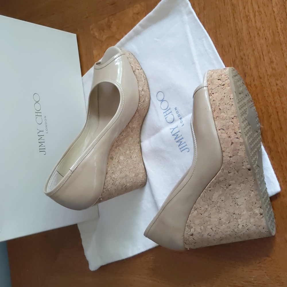 Beautiful Jimmy Choo Papina Nude Peep Toe Wedge Platform Sandal Size 38.5